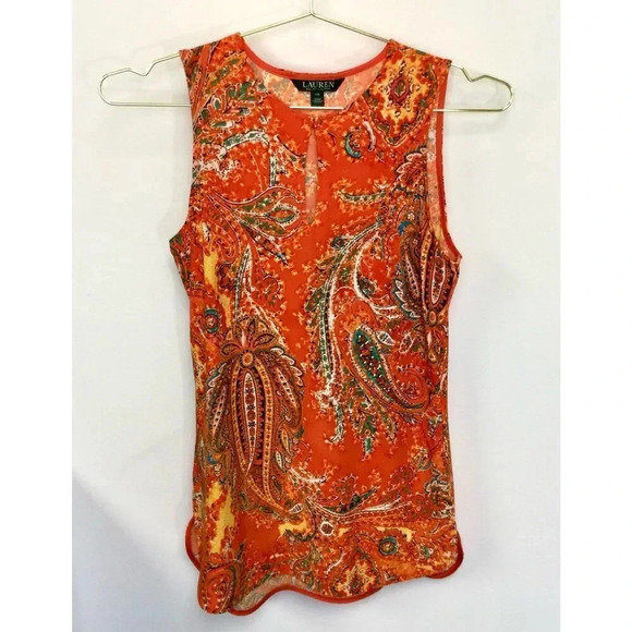 Lauren Ralph Lauren Tops - Lauren Ralph Lauren Womens Orange Paisley Keyhole Sleeveless Top Size XS